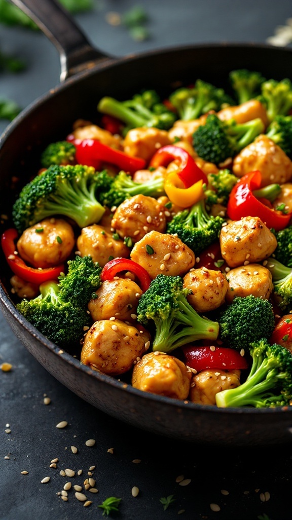 A vibrant chicken stir-fry featuring broccoli and bell peppers in a savory sauce.