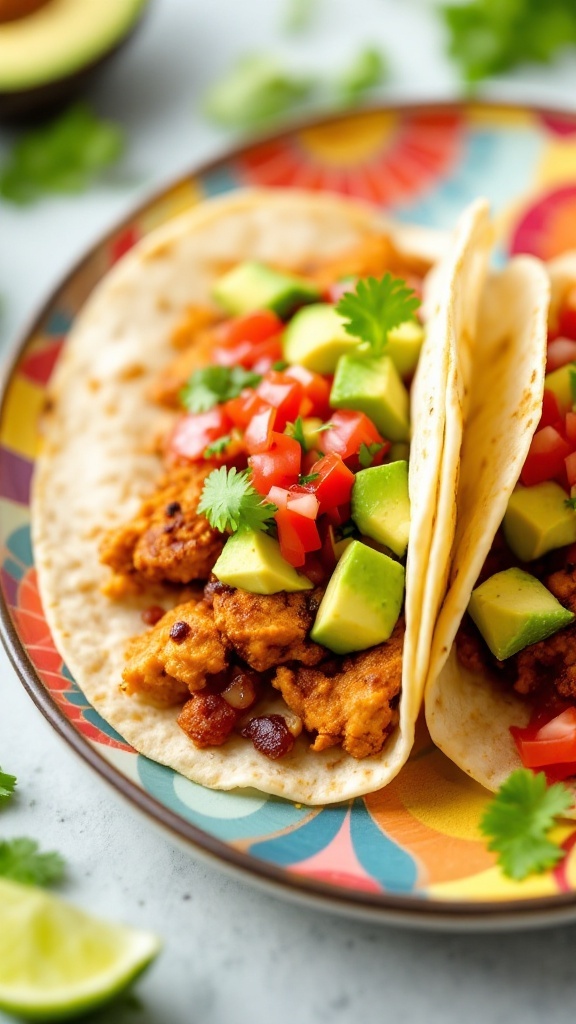 Delicious chili lime chicken tacos topped with avocado and tomatoes.