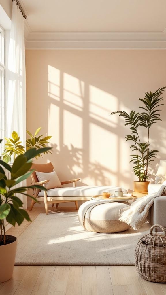 Cozy small living room with light peach walls, plants, and soft furnishings.
