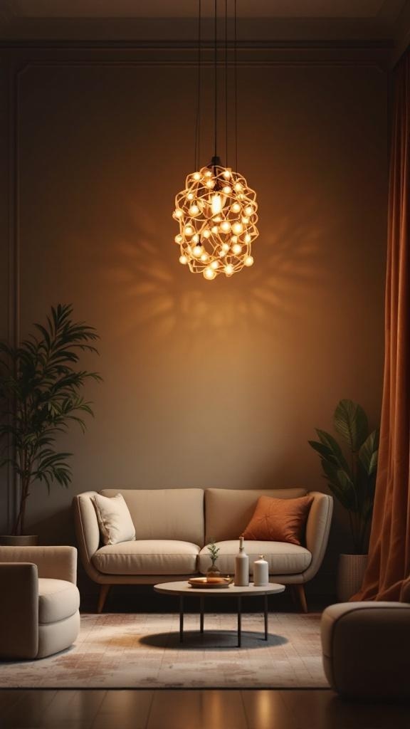A stylish pendant light hanging above a cozy sofa in a small living room, creating a warm and inviting atmosphere.