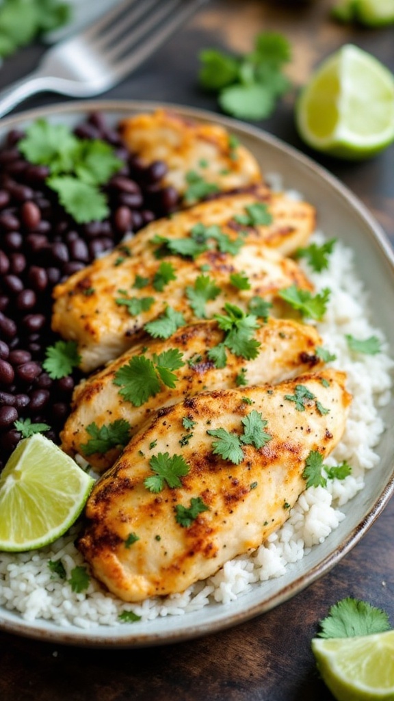 Deliciously grilled cilantro lime chicken served with rice and black beans.