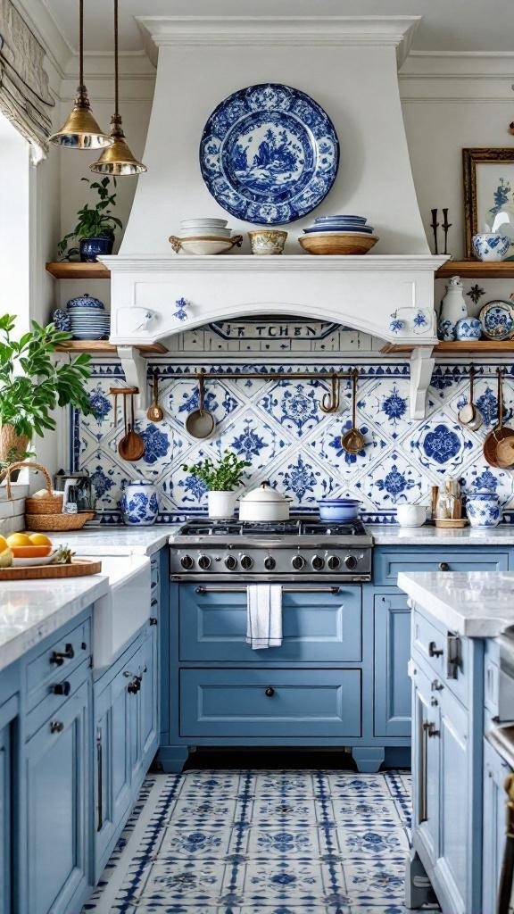 A classic French style kitchen featuring blue cabinets, white countertops, and decorative blue and white tiles.