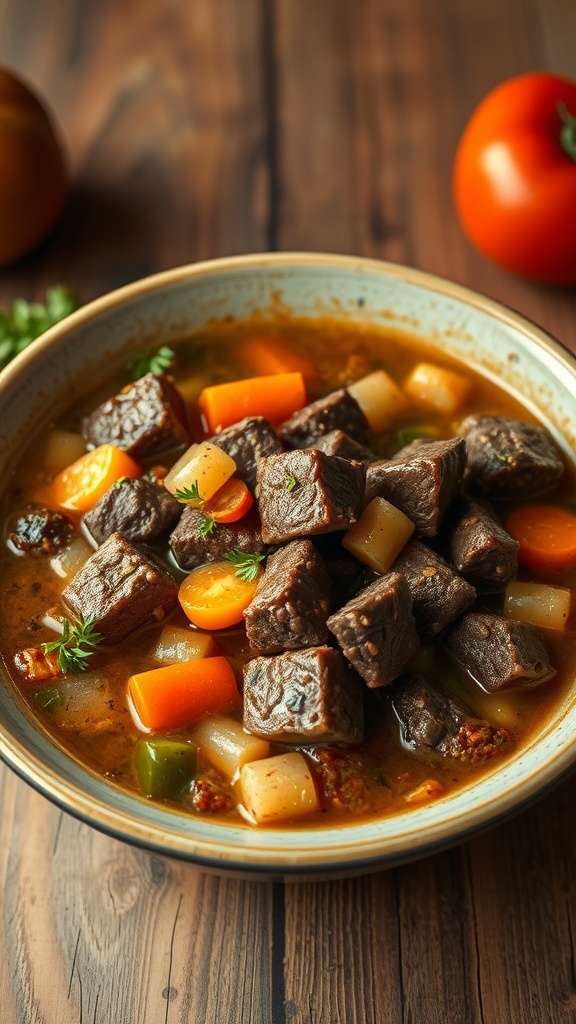 A bowl of hearty beef stew with chunks of beef and colorful vegetables.
