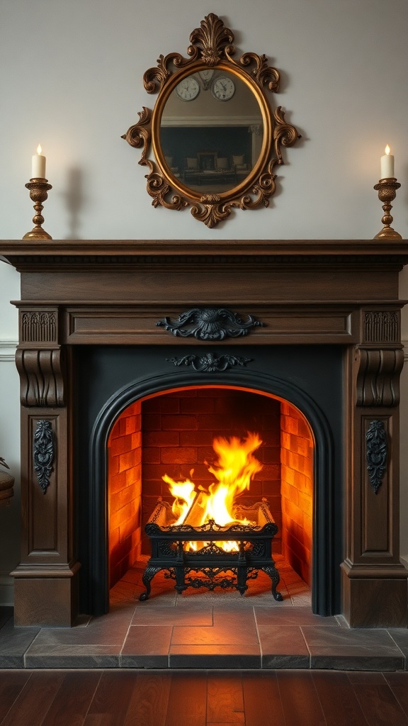 A classic English fireplace with a dark wood mantel, ornate mirror, and flickering flames.