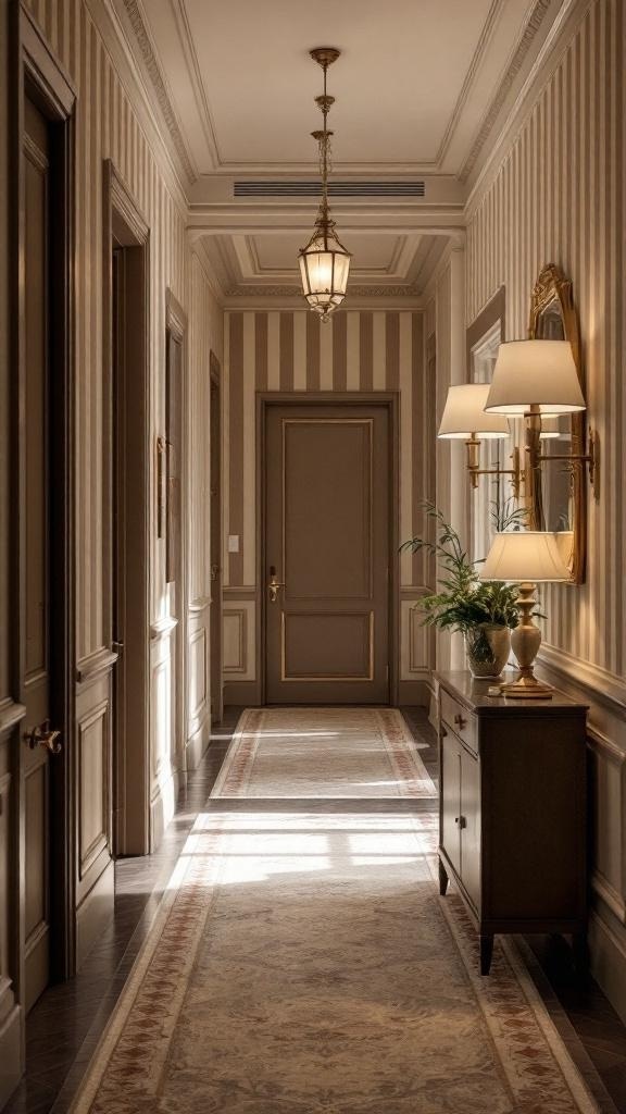 Elegant hallway with classic striped wallpaper, warm lighting, and decorative elements.