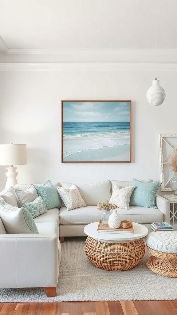 A coastal-style lounge room with a white sofa, light blue cushions, and natural decor.