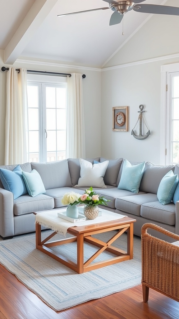 A stylish living room featuring a grey couch, blue and white pillows, a wooden coffee table, and plants, creating a coastal vibe.