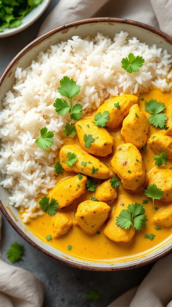A bowl of coconut curry chicken served with rice and garnished with cilantro.