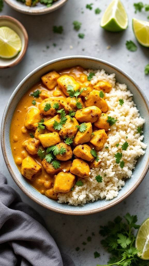 Bowl of coconut curry chicken served with cauliflower rice and lime wedges.