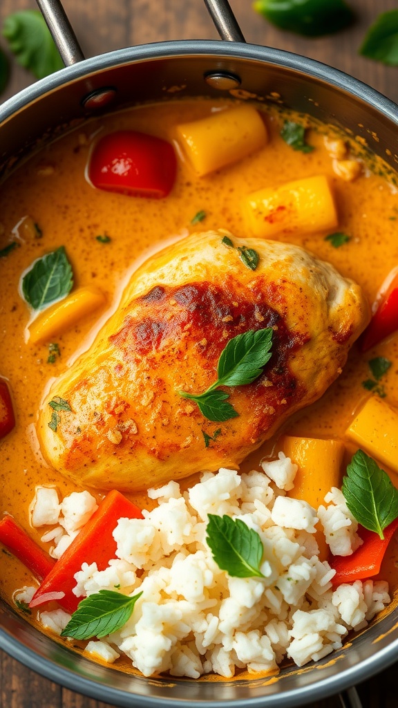 A bowl of coconut curry chicken tenderloin with rice and colorful vegetables.