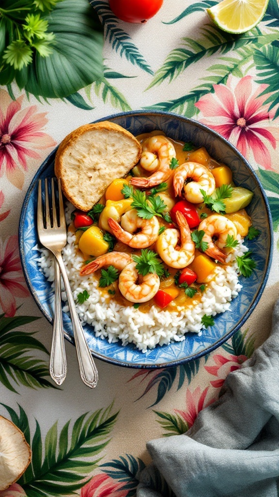 A bowl of Coconut Curry Shrimp served with rice and garnished with cilantro.