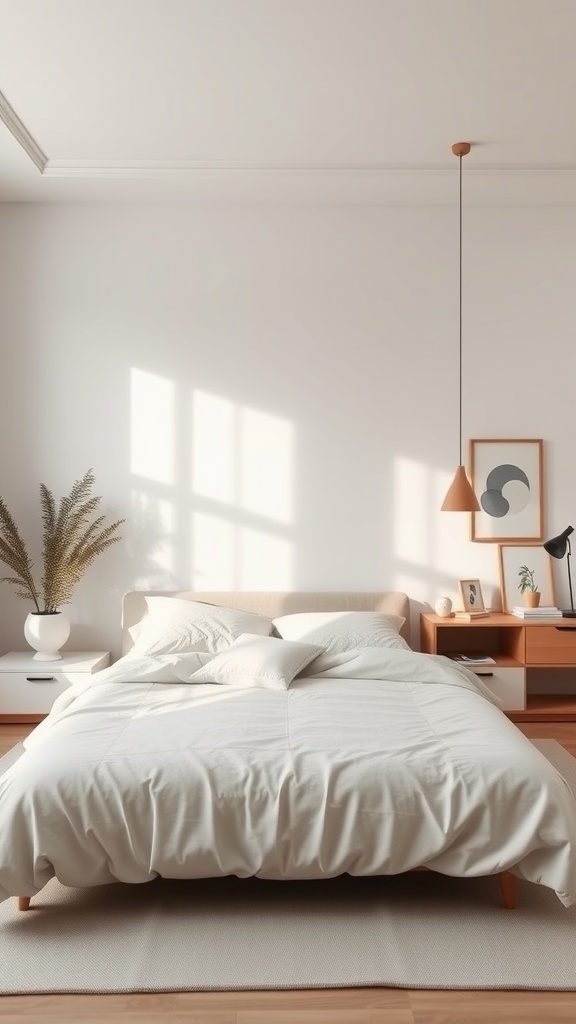 Minimalist bedroom with light bedding, wooden furniture, and natural light.