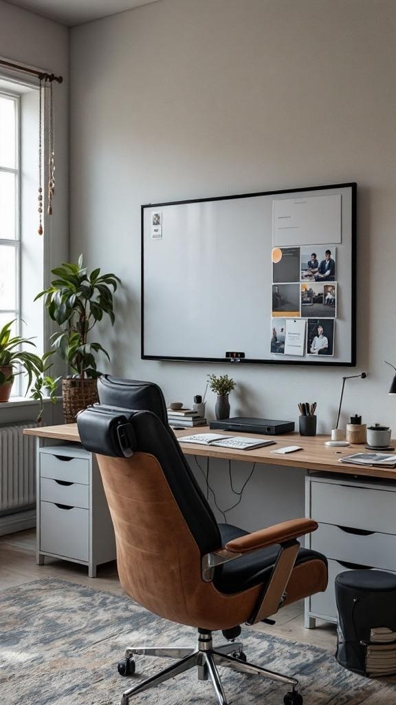 A modern work from home office with a comfortable chair, clean desk, and a whiteboard for collaboration.