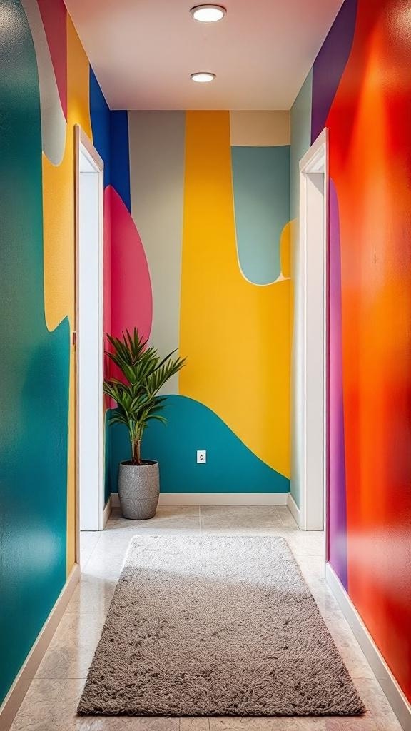 A narrow entryway with colorful accent walls in shades of yellow, teal, pink, and orange, featuring a potted plant and a soft rug.
