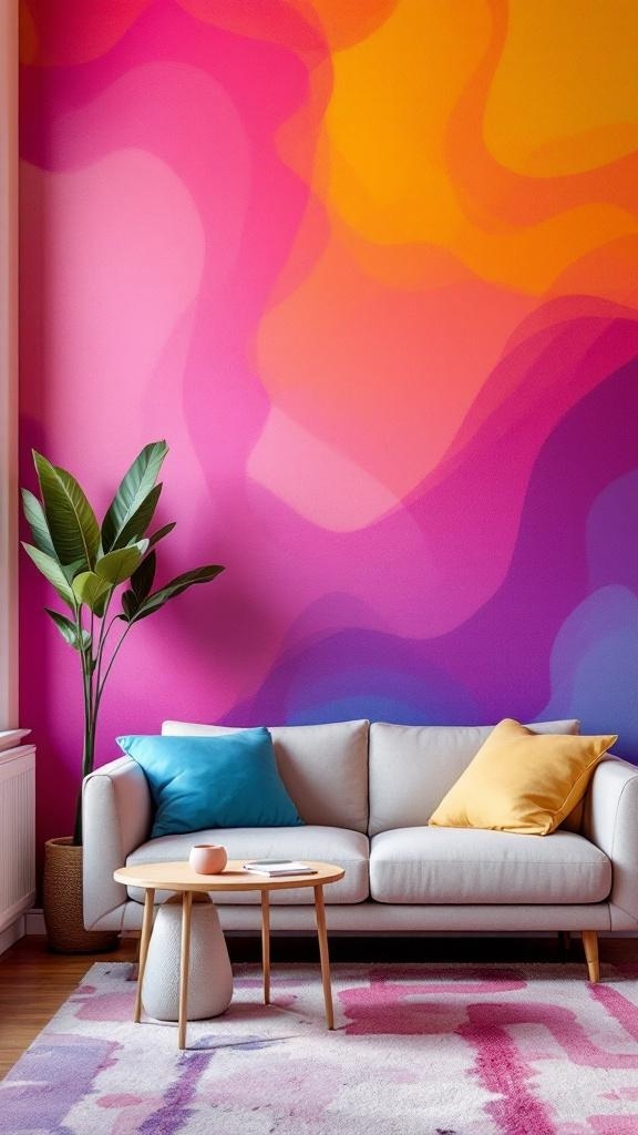 A small living room with a colorful gradient accent wall, light sofa, and decorative pillows.