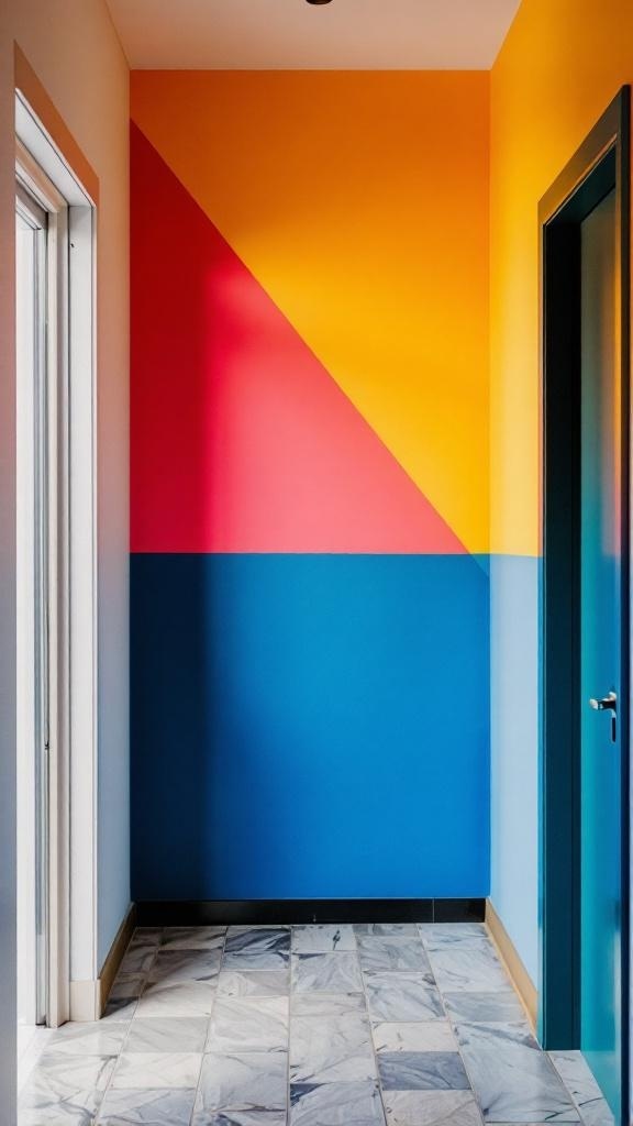 A small hallway with a colorful accent wall featuring orange, pink, and blue sections.