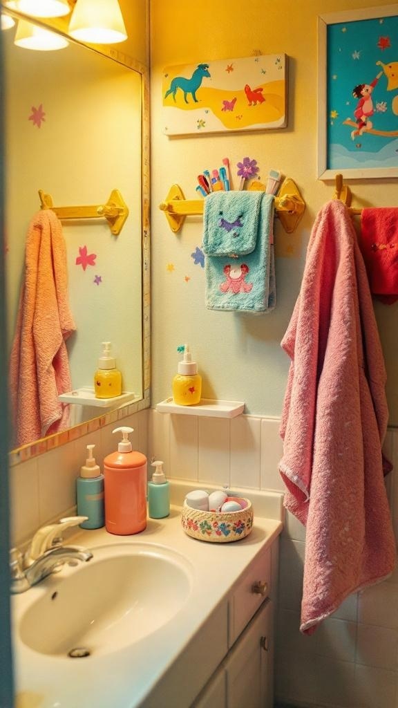 A colorful bathroom with vibrant towels, playful wall art, and cheerful accessories.