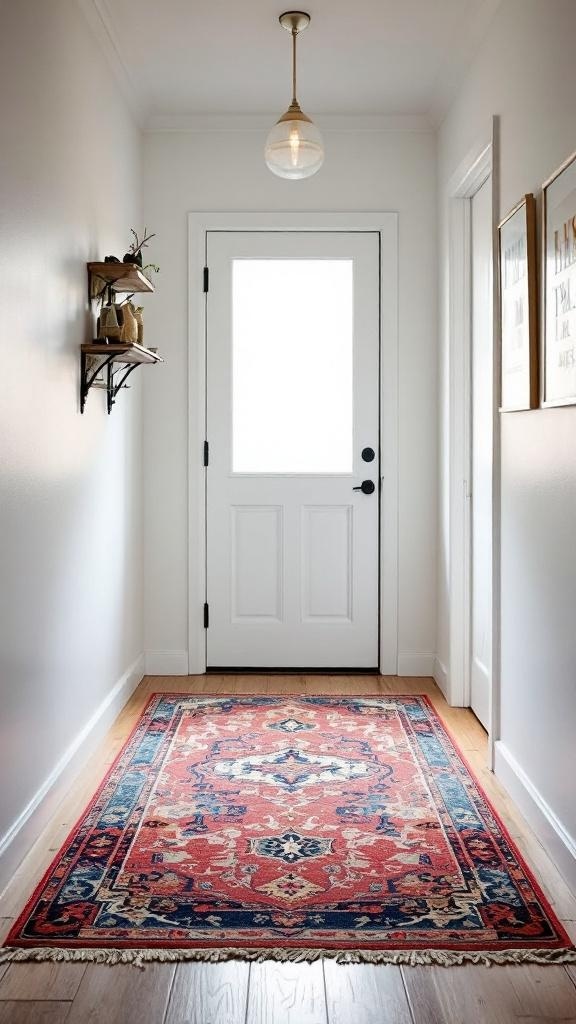 A narrow entryway featuring a colorful area rug with red and blue patterns, light walls, and a simple door.