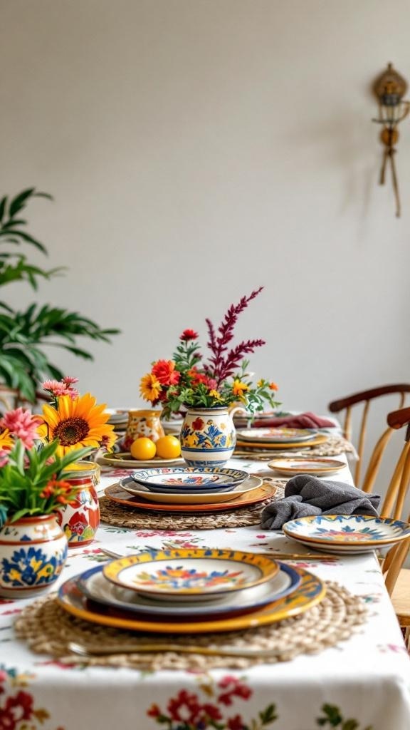 A beautifully set dining table featuring colorful ceramic dinnerware and vibrant floral centerpieces.