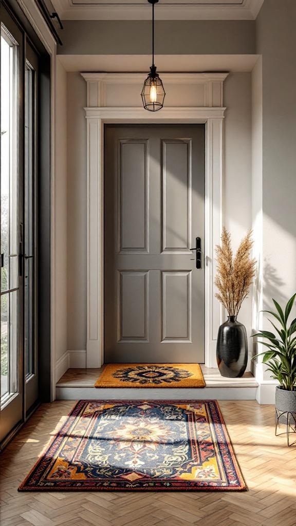 A stylish front hallway with colorful door mats, featuring a vibrant larger mat and a smaller bright mat, creating an inviting entrance.