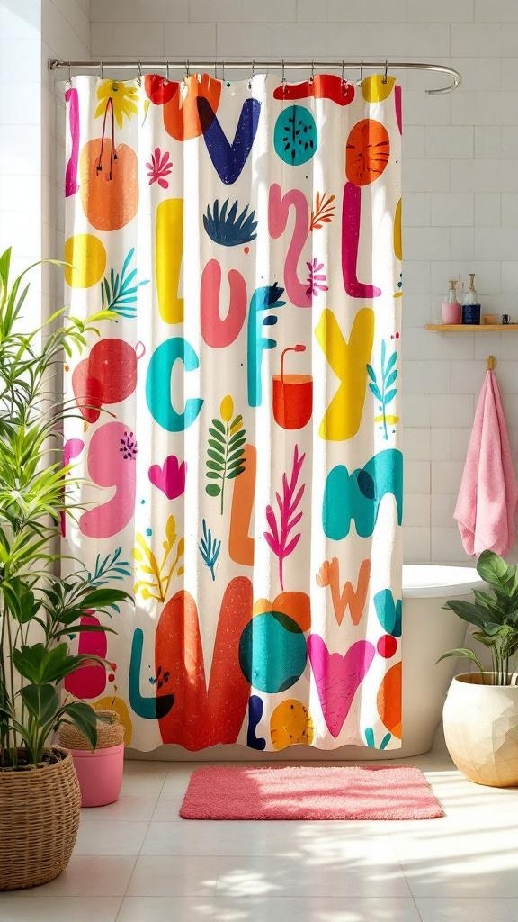 A colorful shower curtain with playful letters and designs in a bright bathroom setting.