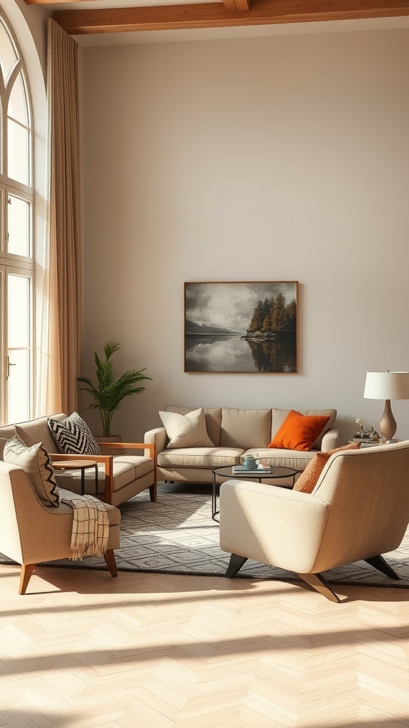 A cozy English cottage living room with a sectional sofa, armchairs, and a round coffee table, featuring warm wood accents and natural light.