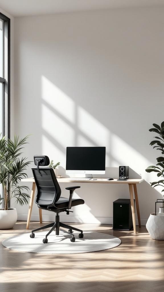 A modern home office setup featuring an ergonomic chair, a desk with a computer, and plants for a fresh look.