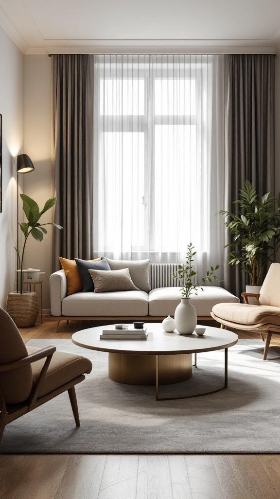 A cozy small living room featuring a round coffee table, a sofa, and stylish chairs.