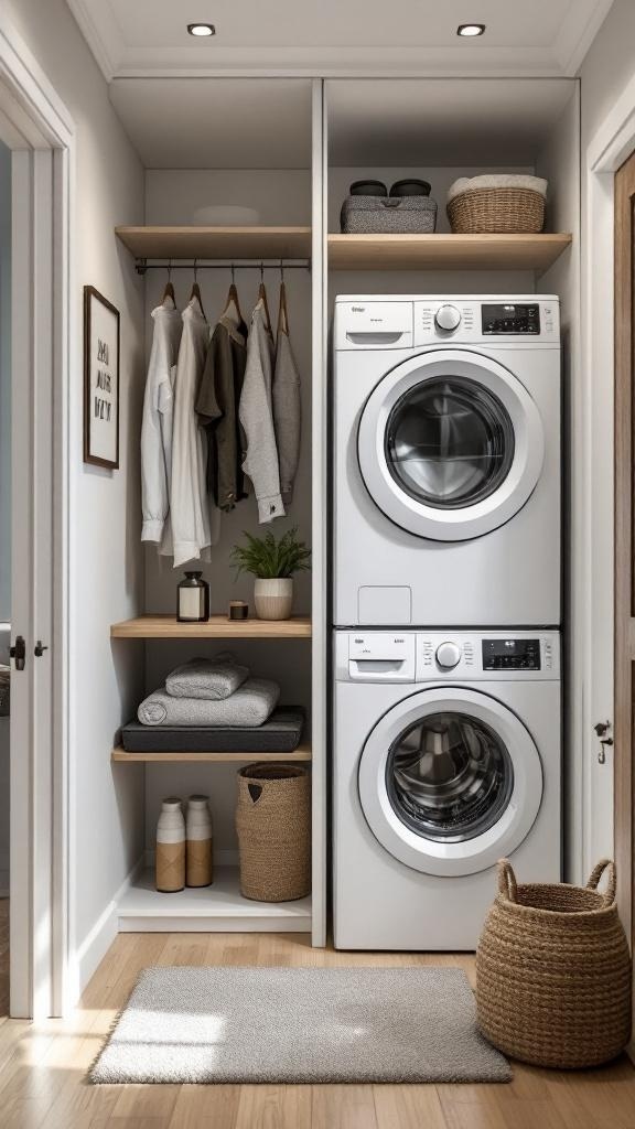 Compact laundry nook featuring stacked washer and dryer, open shelving, and storage baskets in a small apartment.