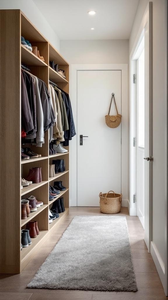 A small hallway featuring compact shoe storage with open shelving and a cozy rug.