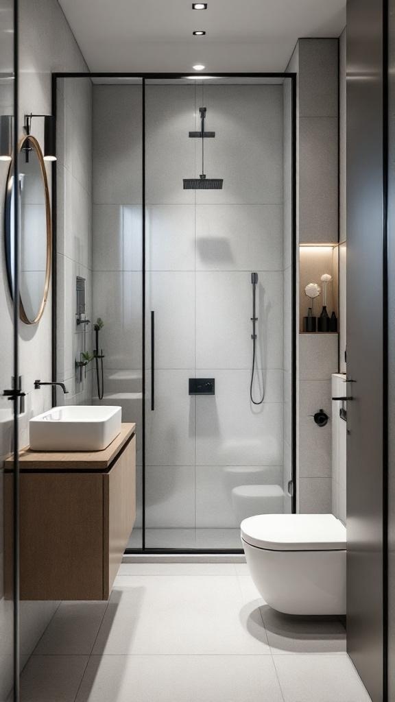 A modern minimalist bathroom featuring a glass shower, floating vanity, and round mirror.