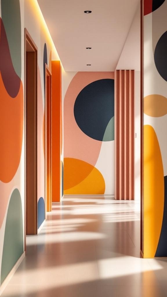 A hallway with contemporary abstract wallpaper featuring bold shapes and vibrant colors.