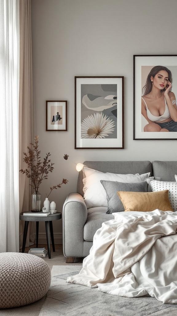 A modern male bedroom featuring contemporary art pieces on the wall, a cozy sofa, and stylish decor.