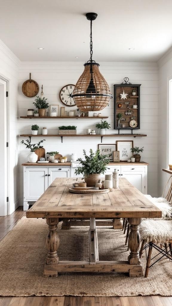 A contemporary farmhouse dining room featuring a large wooden table, woven light fixture, and decorative shelves.