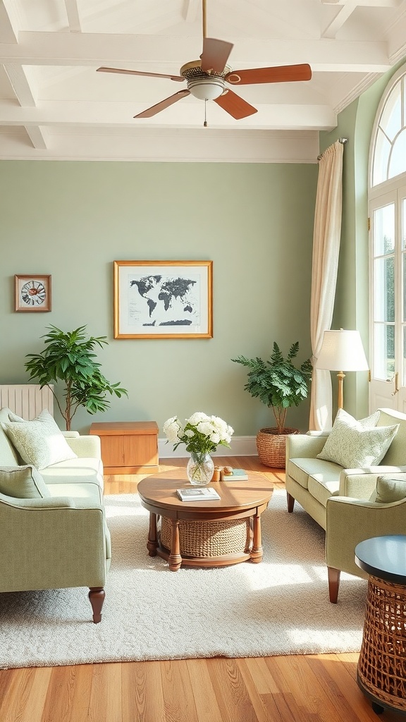 A cozy cottage-inspired living room with soft green walls, light furniture, and natural light.