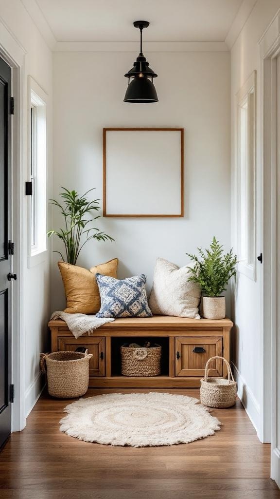 Cozy entryway with a wooden bench, decorative pillows, storage baskets, and plants.