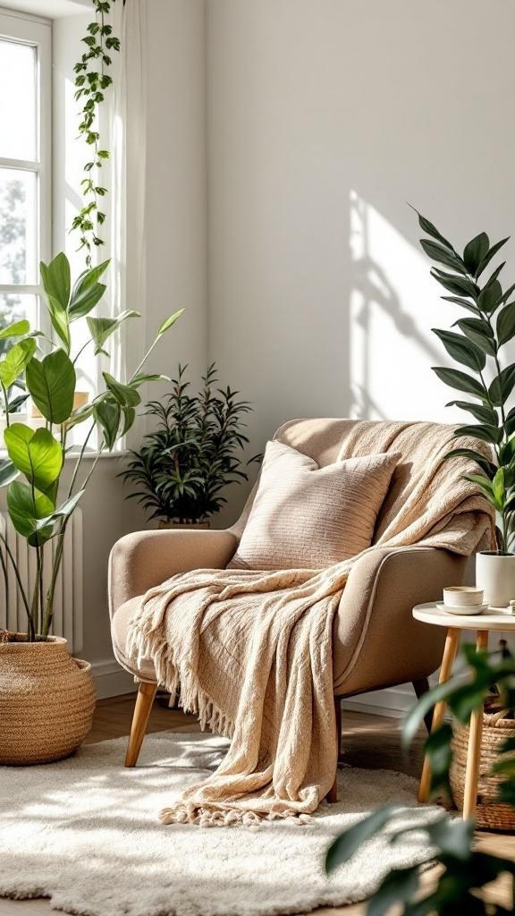 Cozy corner nook with a chair, blanket, plants, and a side table in a small living room.