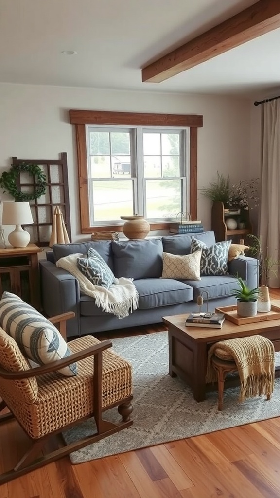 Cozy farmhouse living room with a grey couch, pillows, and natural decor.