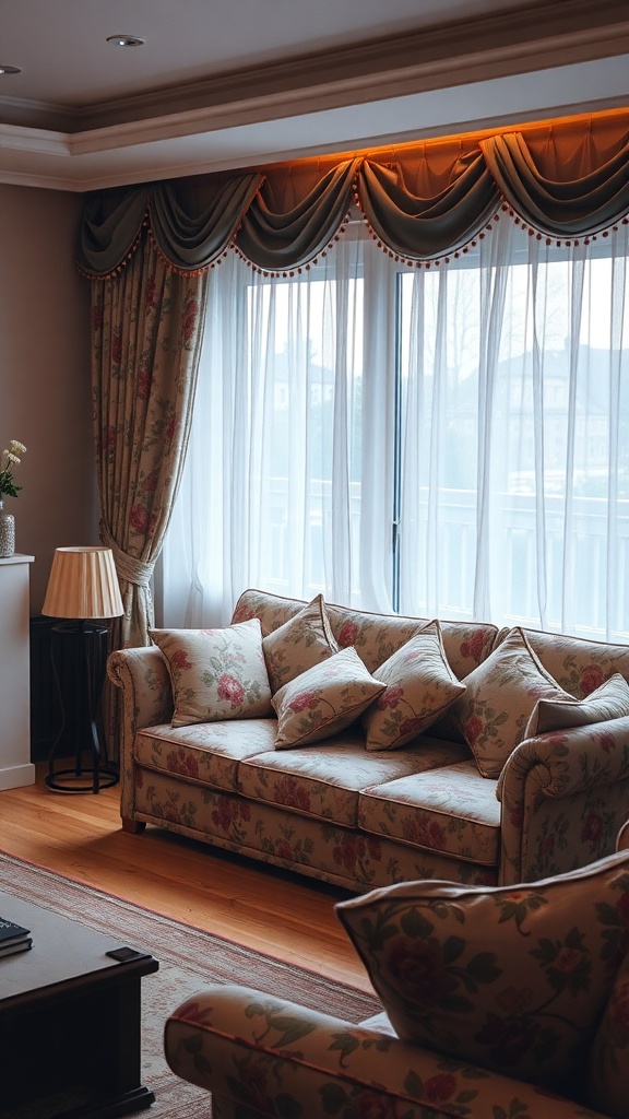 A cozy living room with a floral patterned sofa and large windows letting in natural light.