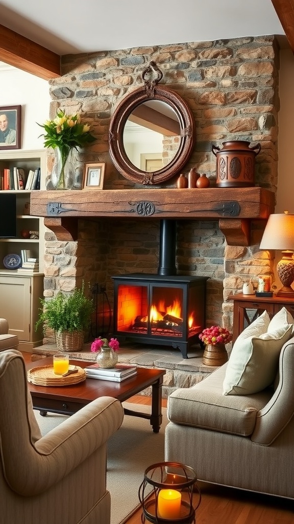 Cozy living room featuring an inglenook fireplace with two plaid armchairs