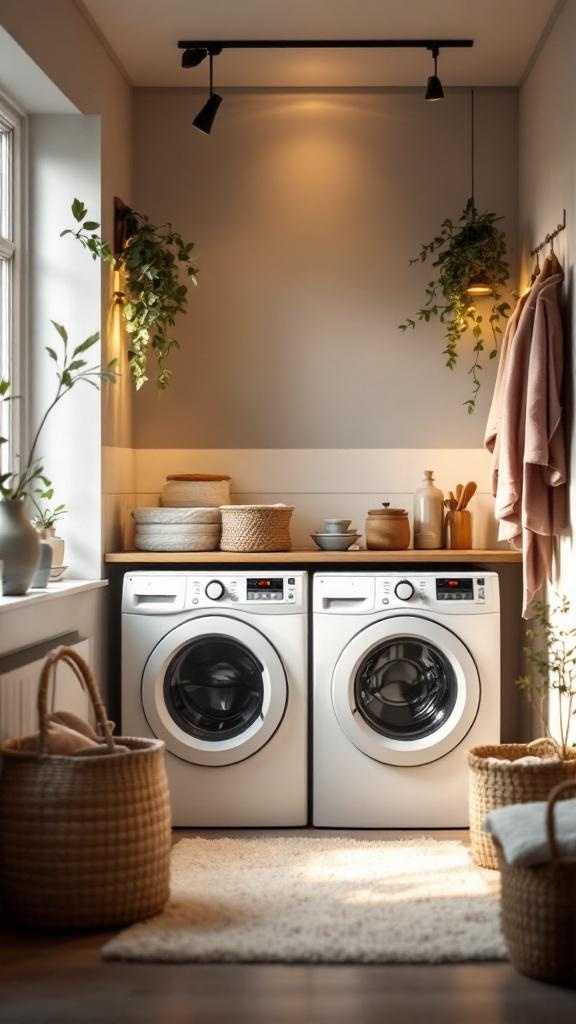 A cozy laundry corner featuring modern washing machines, warm lighting, potted plants, and woven baskets.