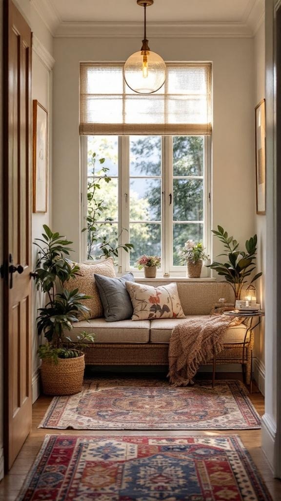 Cozy hallway nook with seating, plants, and warm lighting