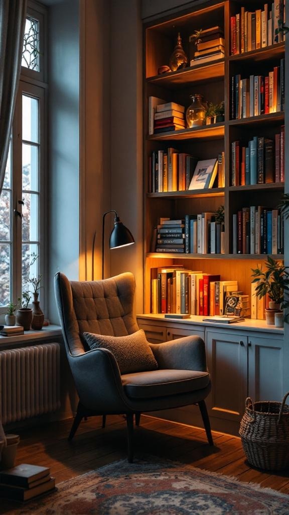 A cozy reading nook featuring a comfortable chair, built-in shelves filled with books, and warm lighting.