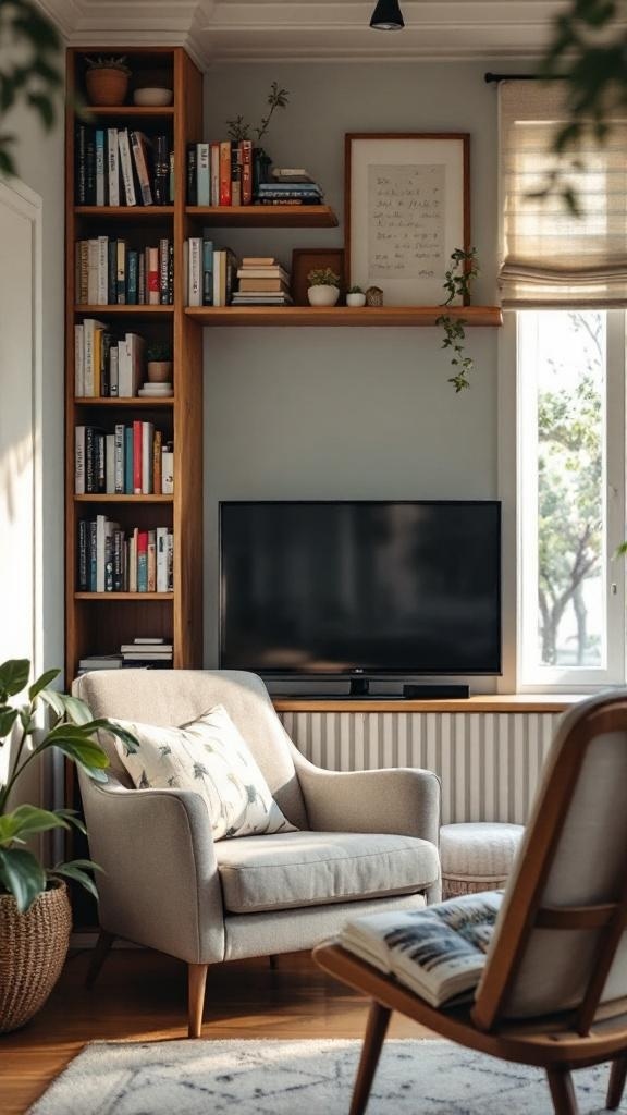 Cozy reading nook with a comfortable chair, bookshelf, and TV