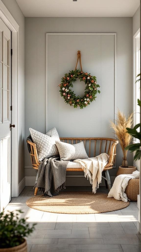 Cozy seating area in a modern entryway with a wooden bench, pillows, and a wreath.