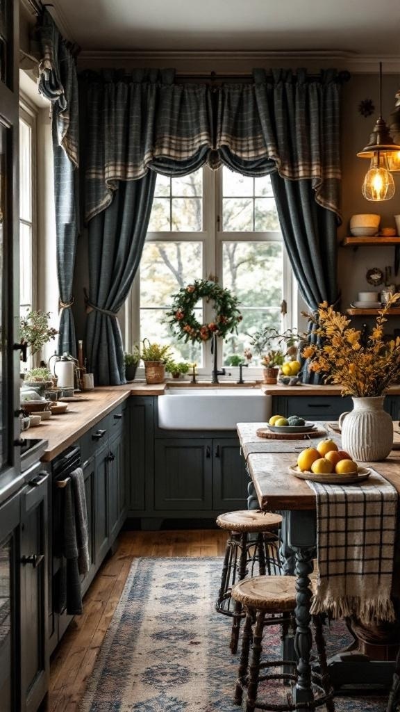 A cozy kitchen featuring dark hues with plaid curtains, a wooden table, and a warm atmosphere.