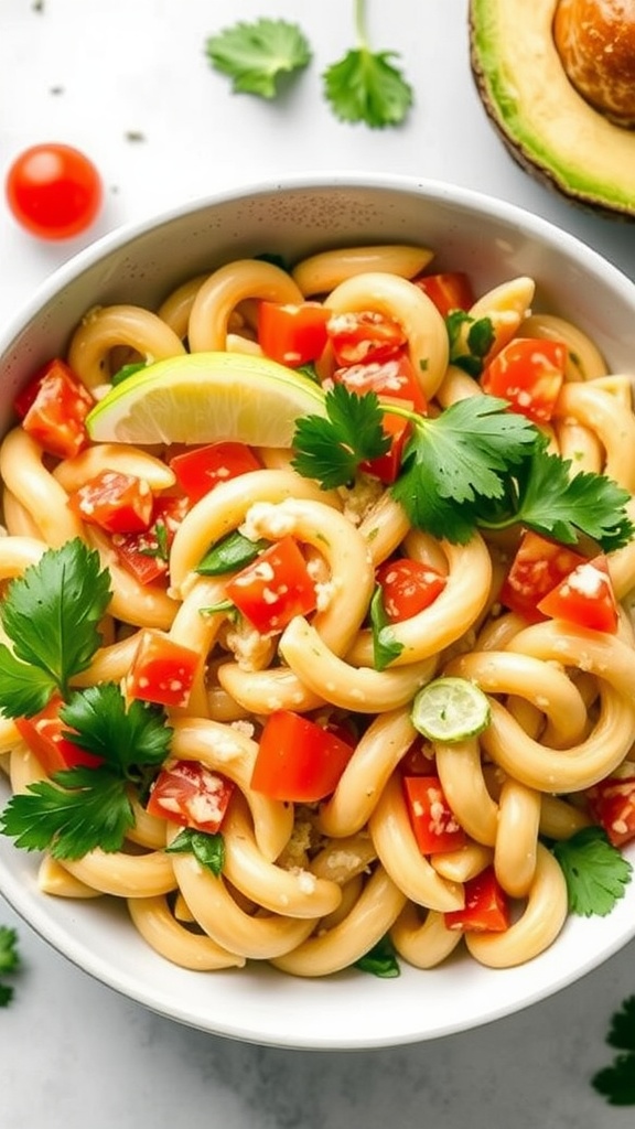 A bowl of creamy avocado pasta salad featuring pasta, diced tomatoes, lime, and cilantro.