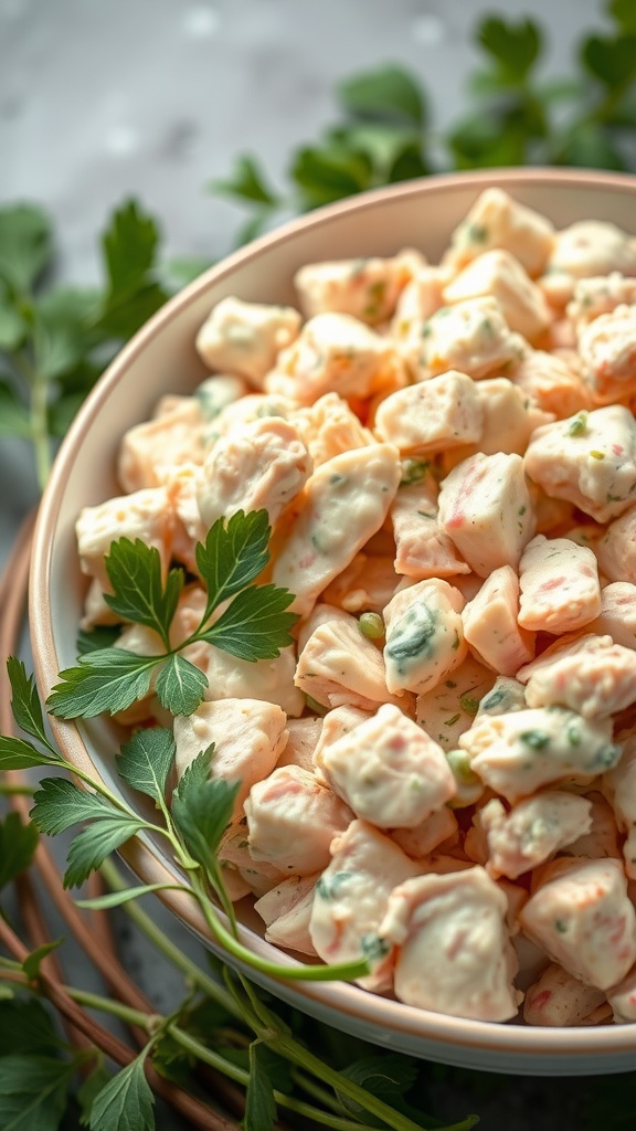 Bowl of creamy chicken salad with diced chicken, crunchy celery, and halved grapes
