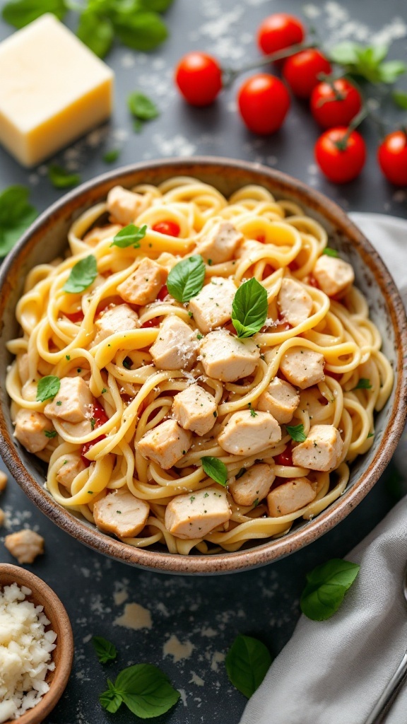 A bowl of creamy chicken tenderloin pasta with basil and cherry tomatoes.