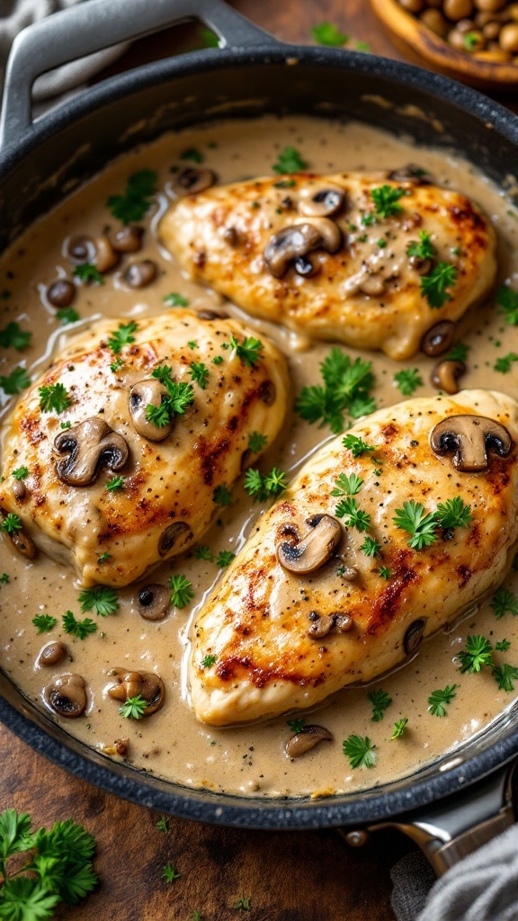 A creamy mushroom chicken skillet featuring golden chicken breasts in a rich mushroom sauce with herbs.